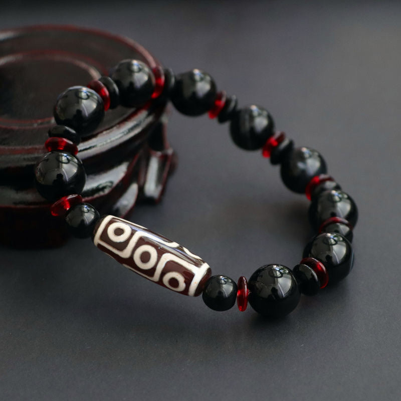 Fortune Jewel Black Onyx Nine-Eye Dzi Bead Wealth Protection Bracelet