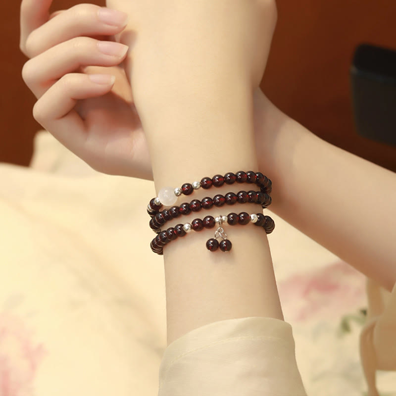 Fortune Jewel 925 Sterling Silver Natural Garnet Cat Eye Protection Triple Wrap Bracelet