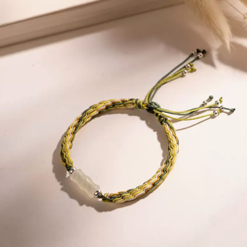 Fortune Jewel White Jade Bamboo Reincarnation Knot Wealth Luck Strength String Bracelet