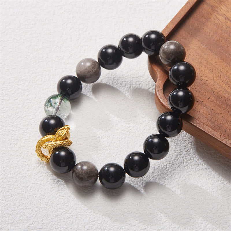 Fortune Jewel Natural Silver Sheen Obsidian Dragon Green Phantom Protection Bracelet