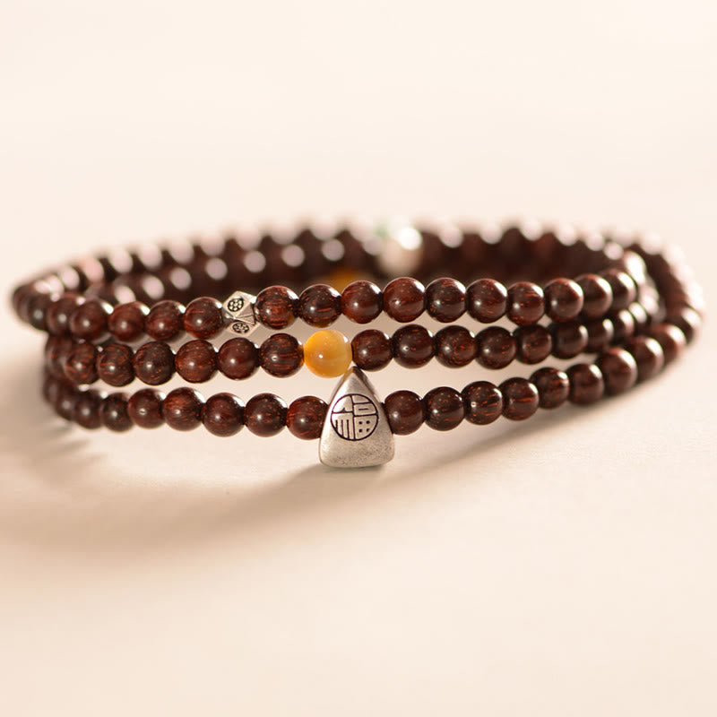Fortune Jewel 925 Sterling Silver Indian Small Leaf Red Sandalwood Fu Character Protection Triple Wrap Bracelet