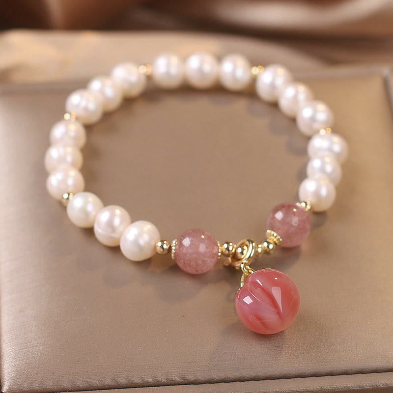 Fortune Jewel Natural Pearl Strawberry Quartz Peach Love Heart Wisdom Charm Bracelet