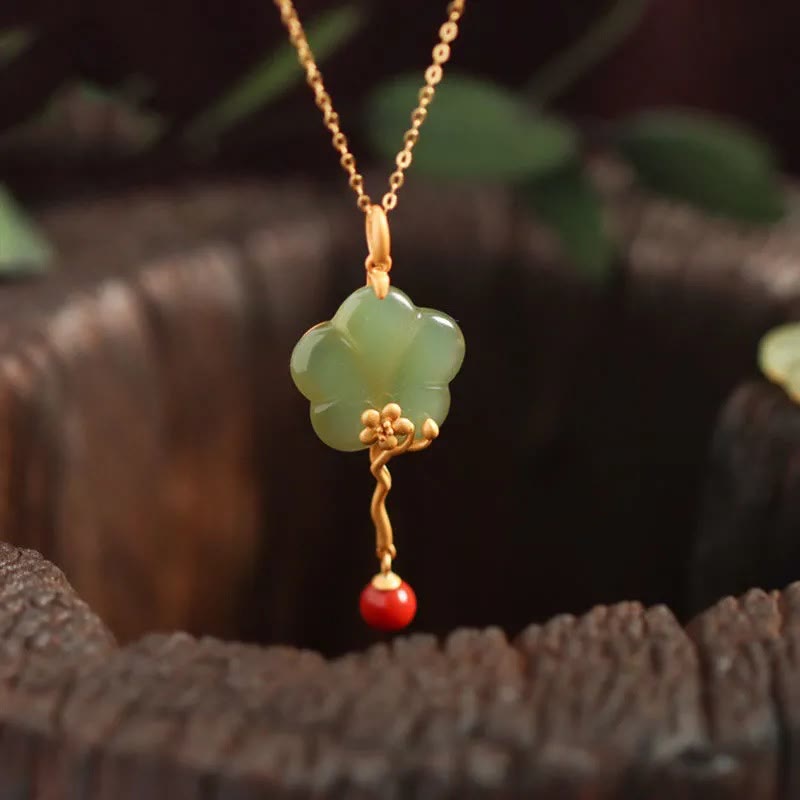 Fortune Jewel Vintage Plum Blossom Flower Jade Red Agate Prosperity Necklace Pendant