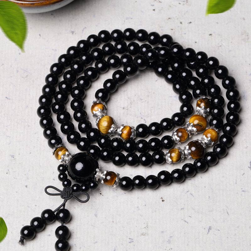 Fortune Jewel 108 Beads Natural Black Obsidian Tiger Eye Mala Bracelet