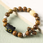 Fortune Jewel Green Sandalwood Ebony Wood Cat Peace Soothing Bracelet
