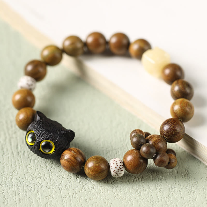 Fortune Jewel Green Sandalwood Ebony Wood Cat Peace Soothing Bracelet