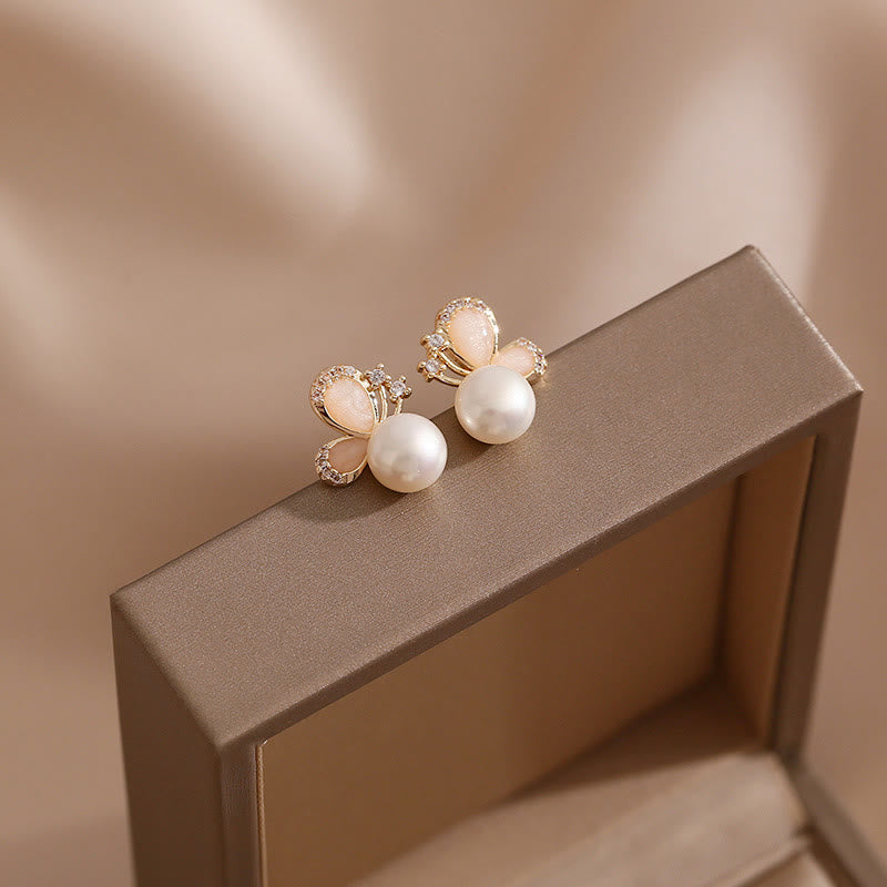 Fortune Jewel 18k Gold Plated Pearl Butterfly Love Freedom Stud Earrings