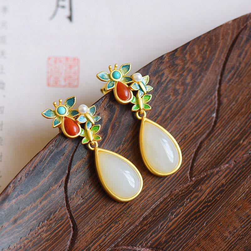 Fortune Jewel Water Drop White Jade Red Agate Butterfly Protection Drop Dangle Earrings