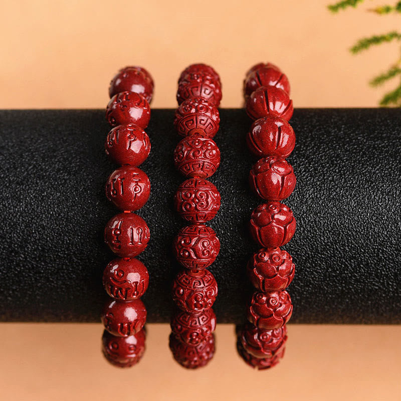 Fortune Jewel Natural Cinnabar Om Mani Padme Hum Fret Pattern Lotus Blessing Bracelet