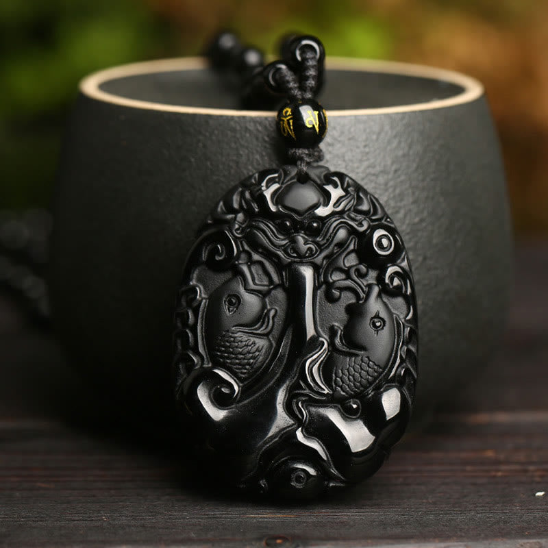 Fortune Jewel Black Obsidian Koi Fish Bead Rope Fulfilment Strength Necklace Pendant - Fortune Jewel