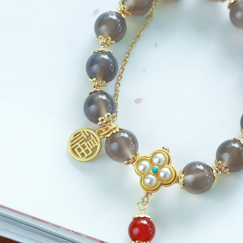 Fortune Jewel Natural Gray Agate Fu Character Pearl Tassel Balance Bracelet