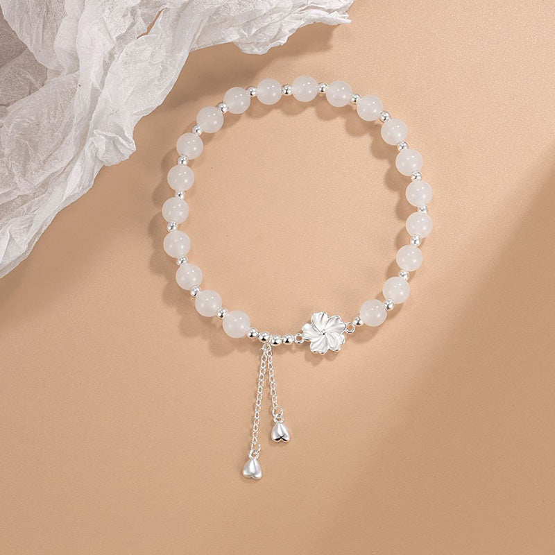 Fortune Jewel White Jade Peach Blossom Petals Flower Luck Bracelet