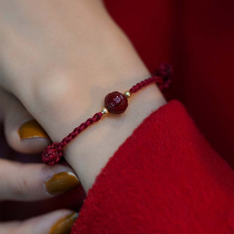 Fortune Jewel Cinnabar Jade Lotus Calm Red String Weave Bracelet
