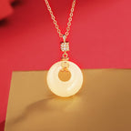 Fortune Jewel 925 Sterling Silver Hetian White Jade Coin Flower Peace Buckle Luck Necklace Pendant