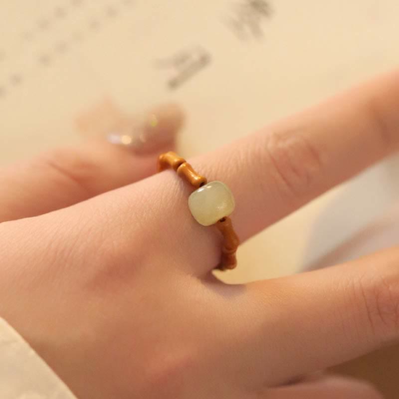 Fortune Jewel Hetian Jade Beaded Bamboo Prosperity Luck Ring