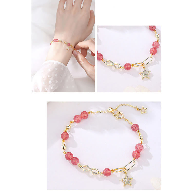 Fortune Jewel 14K Gold Plated Natural Strawberry Quartz Moonstone Möbius Loop Eternal Love Star Positive Bracelet
