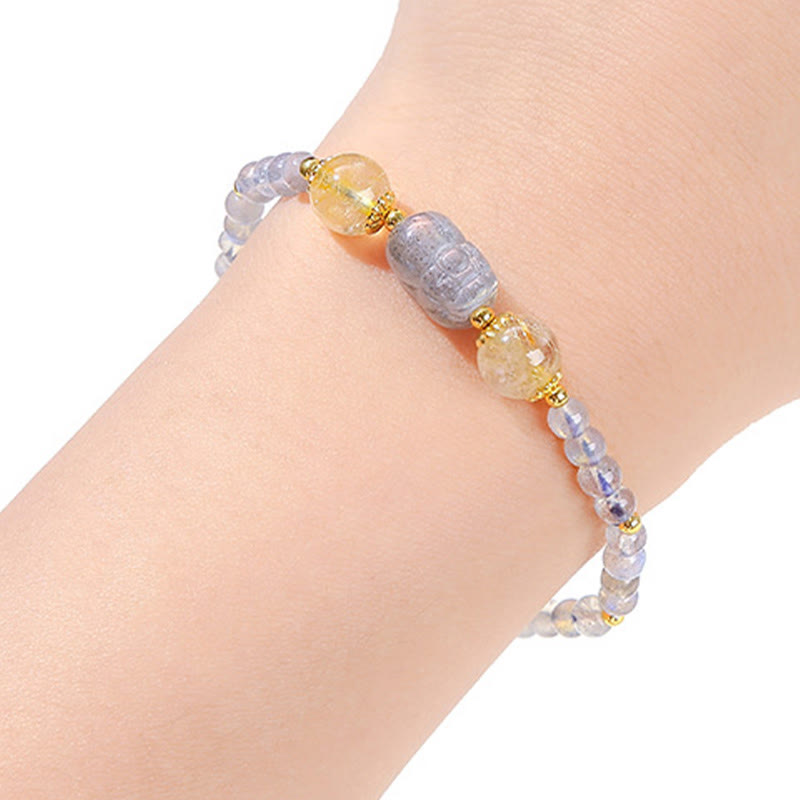 Fortune Jewel Moonstone Strawberry Quartz Tourmaline PiXiu Healing Bracelet