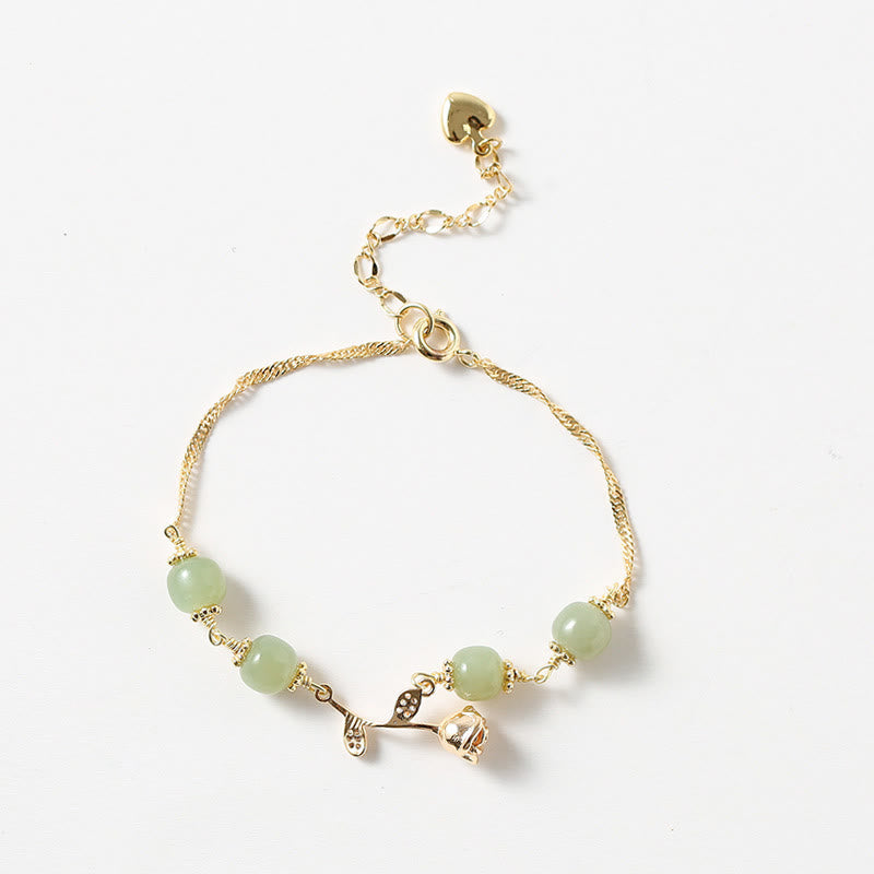 Fortune Jewel 14K Gold Plated Hetian Jade Golden Rose Flower Luck Chain Bracelet