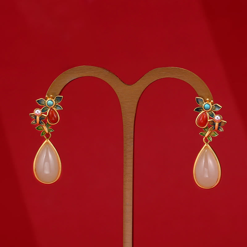 Fortune Jewel Water Drop White Jade Red Agate Butterfly Protection Drop Dangle Earrings