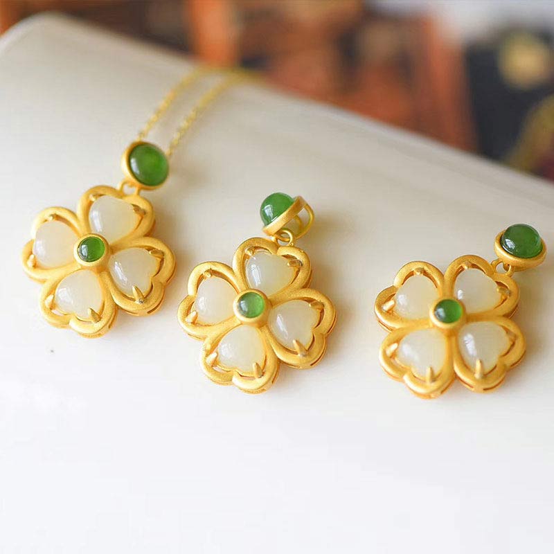 Fortune Jewel 925 Sterling Silver Lucky Four Leaf Clover Jade Prosperity Necklace Chain Pendant
