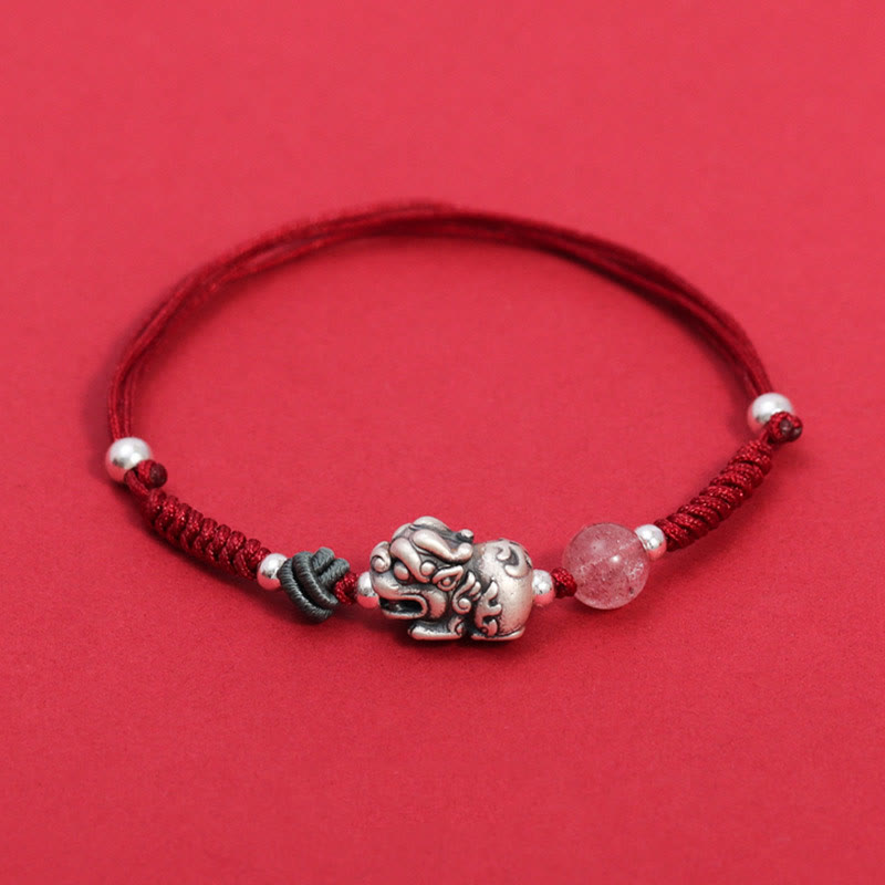 Fortune Jewel 999 Sterling Silver PiXiu Strawberry Quartz Bead Wealth Luck Braided Bracelet