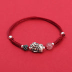 Fortune Jewel 999 Sterling Silver PiXiu Strawberry Quartz Bead Wealth Luck Braided Bracelet