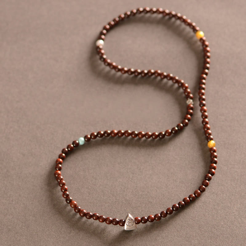 Fortune Jewel 925 Sterling Silver Indian Small Leaf Red Sandalwood Fu Character Protection Triple Wrap Bracelet