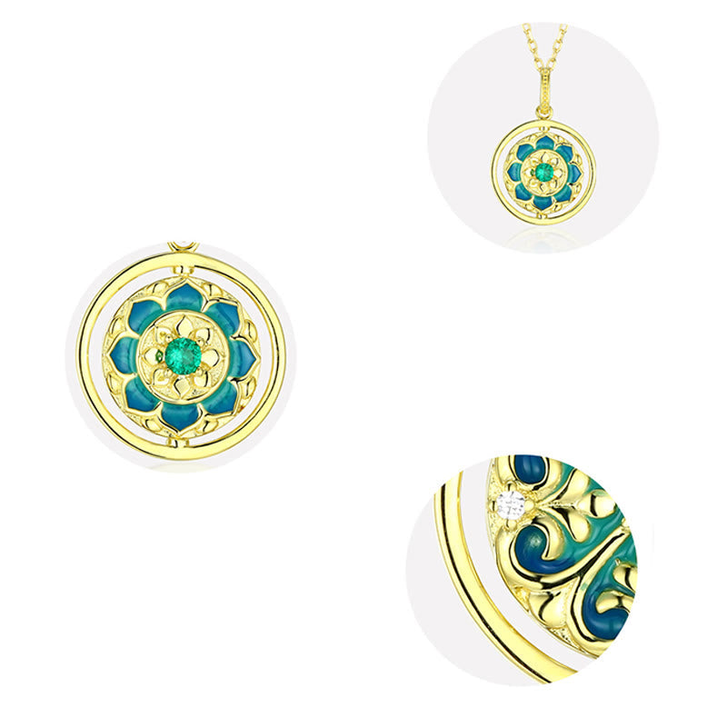 Fortune Jewel 925 Sterling Silver Lotus Flower Floral Zircon Enlightenment Rotatable Necklace Pendant Fortune Jewel