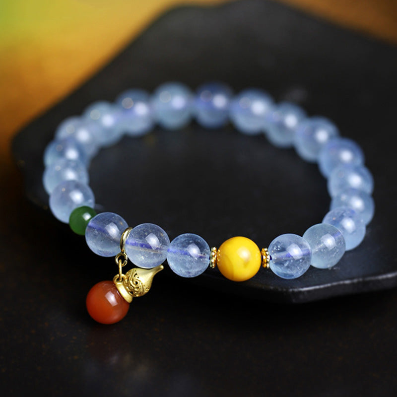 Fortune Jewel Aquamarine Red Agate Peace Gourd Charm Bracelet