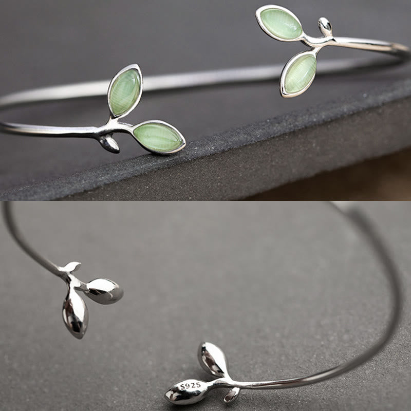 Fortune Jewel Leaf Pattern Cat Eye Support Cuff Bracelet Bangle