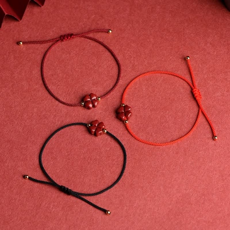 Fortune Jewel Natural Cinnabar Four Leaf Clover Blessing Red String Bracelet Anklet