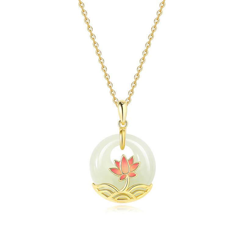 Fortune Jewel 925 Sterling Silver Hetian White Jade Lotus Flower Blessing Necklace Pendant Fortune Jewel