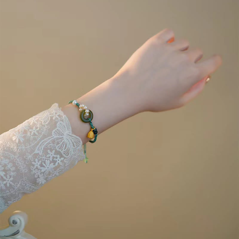 Fortune Jewel Natural Hetian Jade Peace Buckle Pearl Luck Handcrafted Braided Bracelet