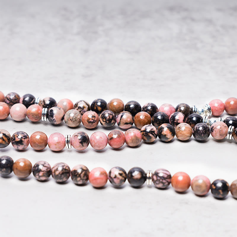 Fortune Jewel 108 Mala Beads Rhodonite Lotus Compassion Energy Bracelet