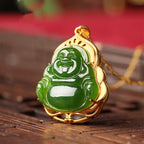 Fortune Jewel 925 Sterling Silver Natural Hetian Cyan Jade Laughing Buddha 18K Gold Healing Necklace Chain Pendant Fortune Jewel
