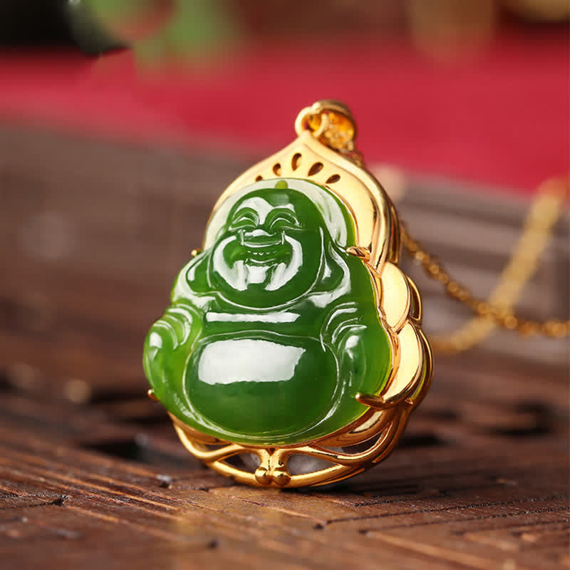 Fortune Jewel 925 Sterling Silver Natural Hetian Cyan Jade Laughing Buddha 18K Gold Healing Necklace Chain Pendant Fortune Jewel