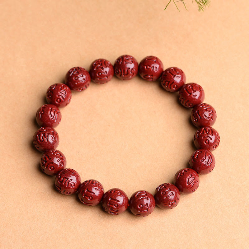 Fortune Jewel Natural Cinnabar Om Mani Padme Hum Fret Pattern Lotus Blessing Bracelet