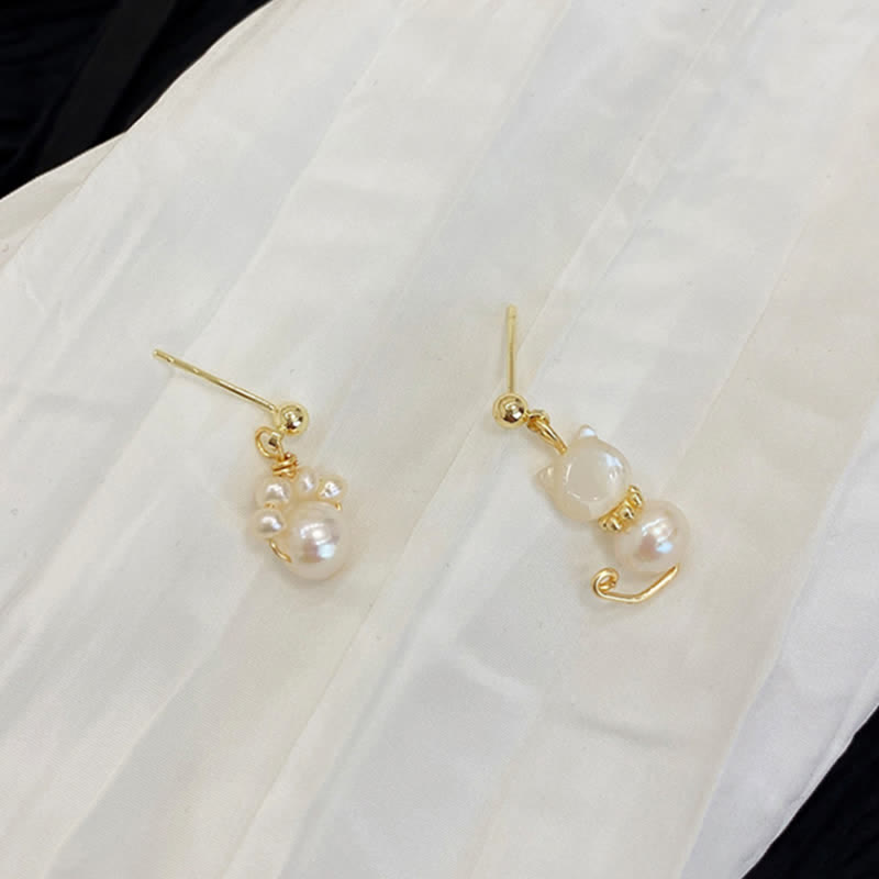 Fortune Jewel Cute Cat Paw Pearl Wisdom Stud Drop Earrings