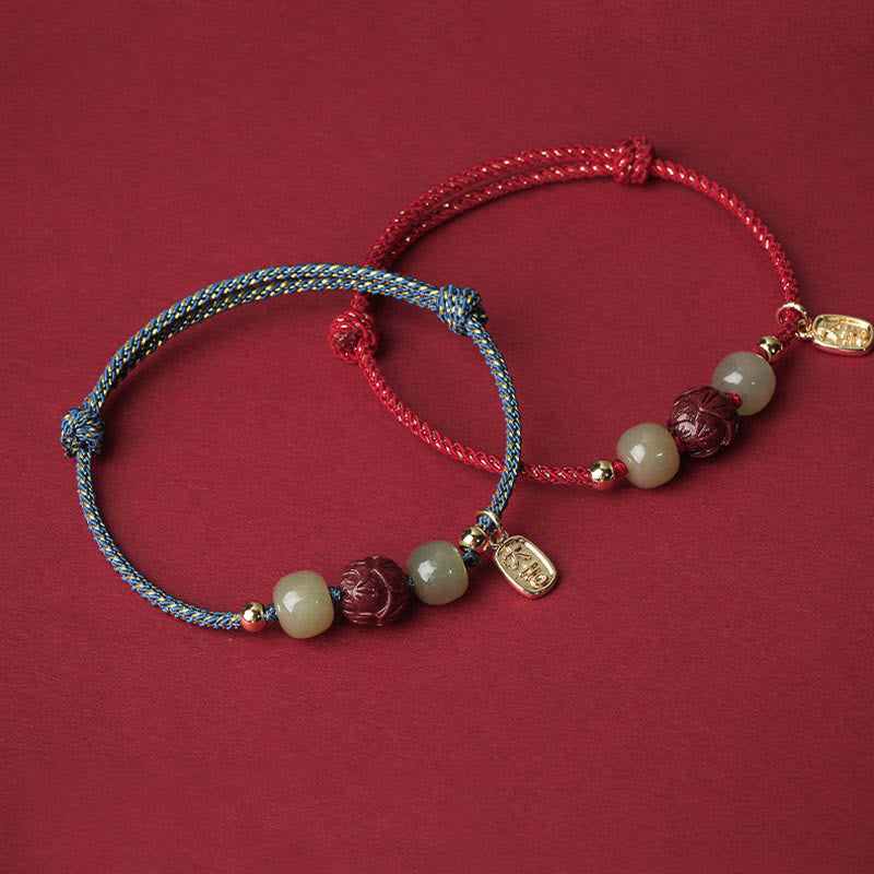 Fortune Jewel 14K Gold Plated Hetian Jade Cinnabar Lotus Luck Handcrafted Rope Bracelet