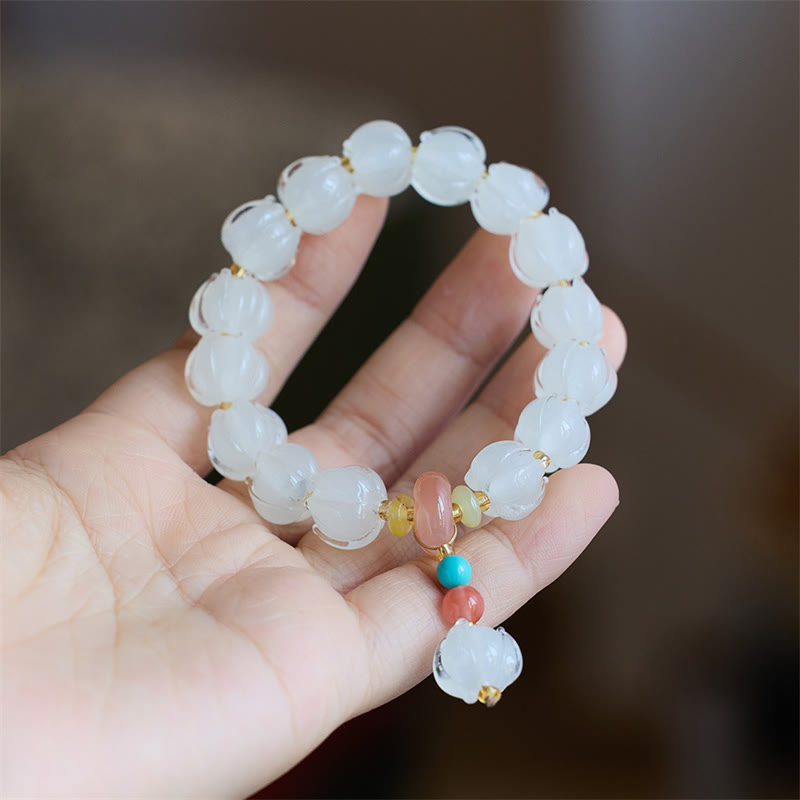 Fortune Jewel Liuli Glass Bead Lotus Design Fluorite Ivory Fruit Dancing Lion Charm Enlightenment Bracelet