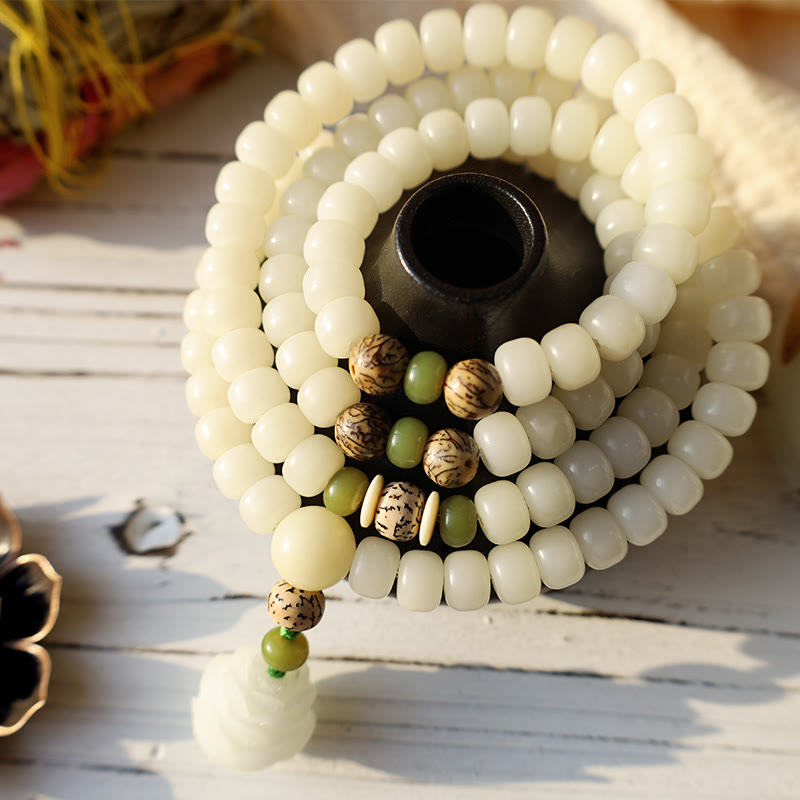 Fortune Jewel White Jade Bodhi Lotus Mala Harmony Necklace Bracelet