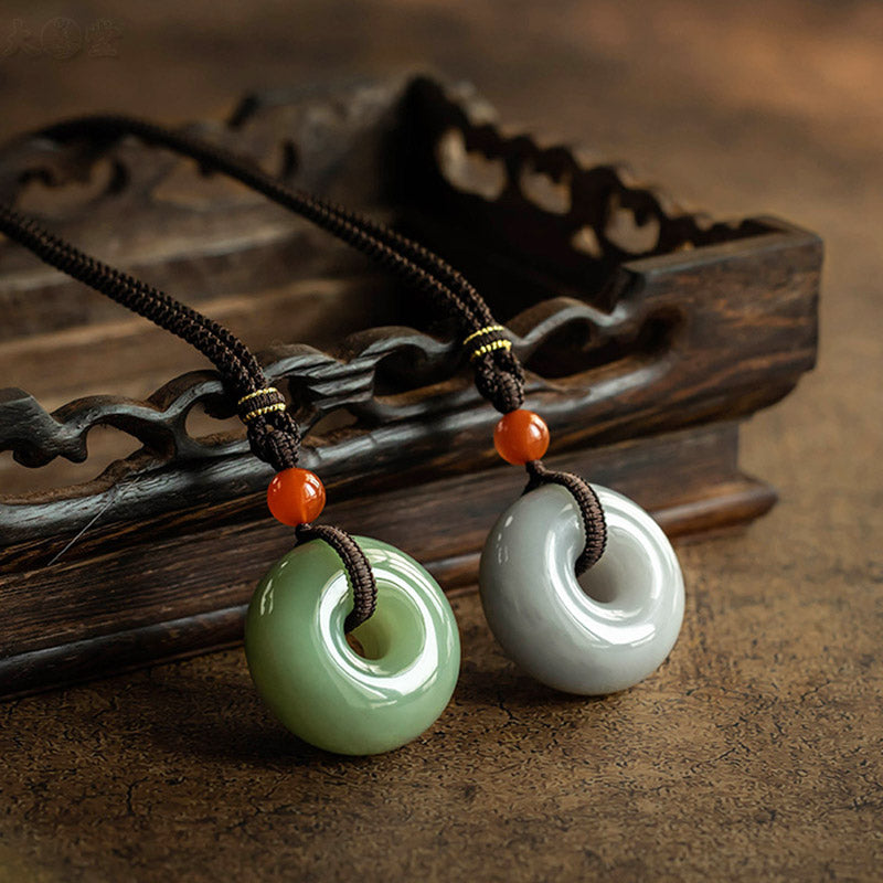 Fortune Jewel Natural Round Jade Gray Jade Peace Buckle Luck Necklace Pendant