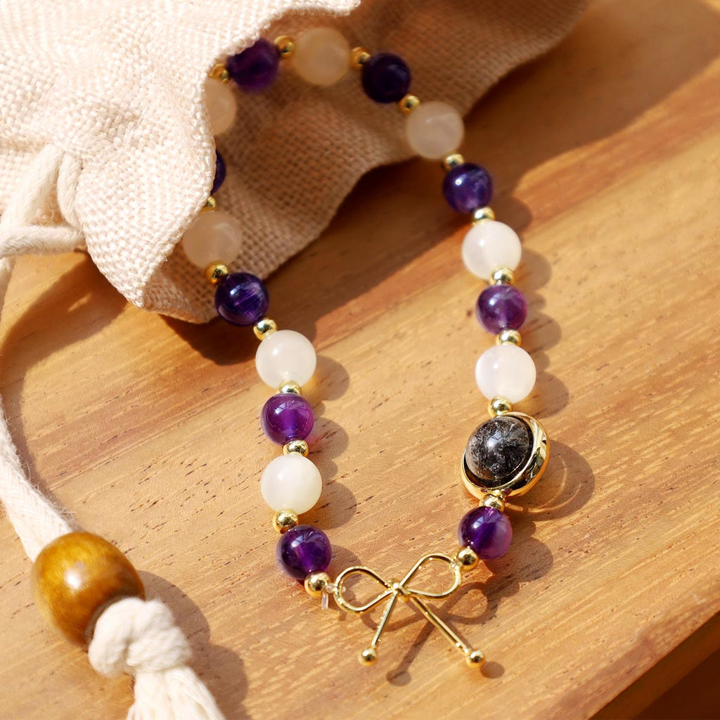 Fortune Jewel Amethyst Cat Eye Black Rutilated Quartz Spiritual Bead Bracelet