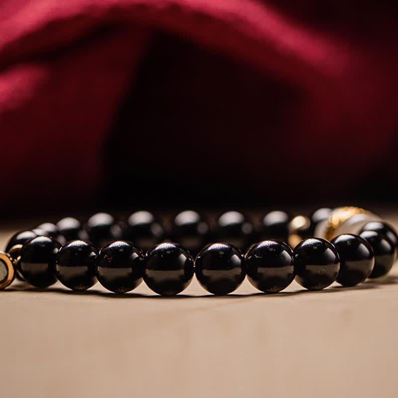 Fortune Jewel Black Obsidian Jade Om Mani Padme Hum Strength Couple Magnetic Bracelet