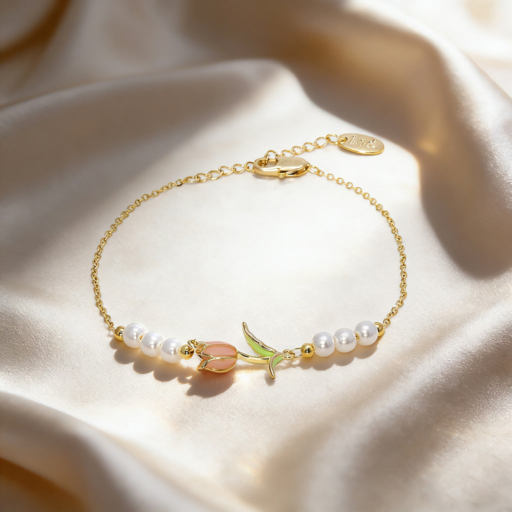 Gold Tulip Pearl Flower Bracelet