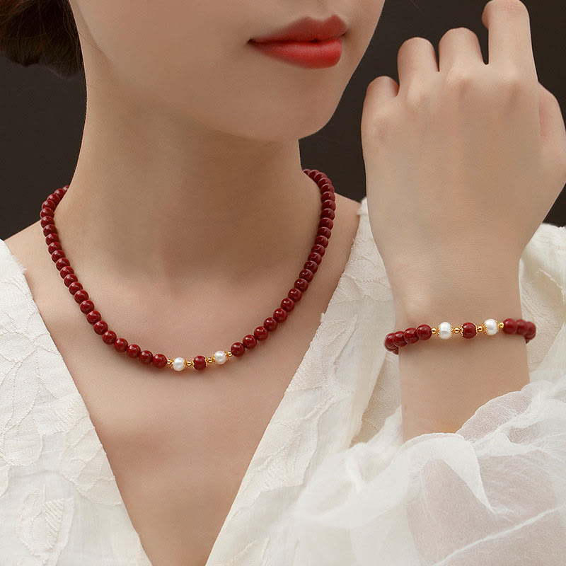 Fortune Jewel 925 Sterling Silver Natural Cinnabar Pearl Blessing Necklace Pendant Bracelet Earrings Jewelry Set