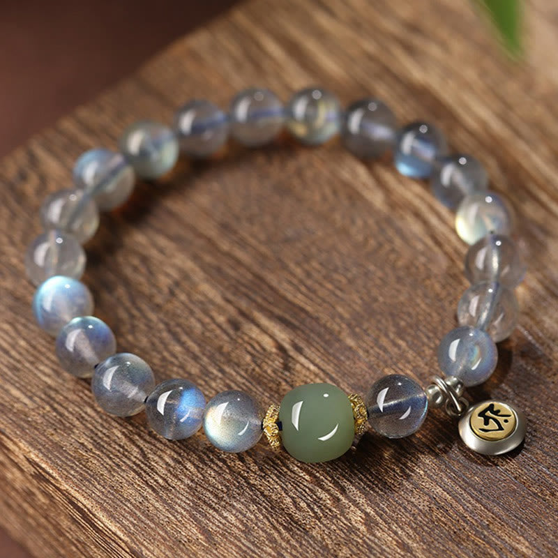 Fortune Jewel Chinese Zodiac Natal Buddha 925 Sterling Silver Natural Moonstone Hetian Jade Positive Bracelet