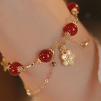 Fortune Jewel 14k Gold Plated Red Agate Star Flower Charm Calm Bracelet