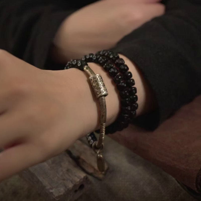 Fortune Jewel Retro Coconut Shell Brass Copper Happiness Triple Wrap Bracelet