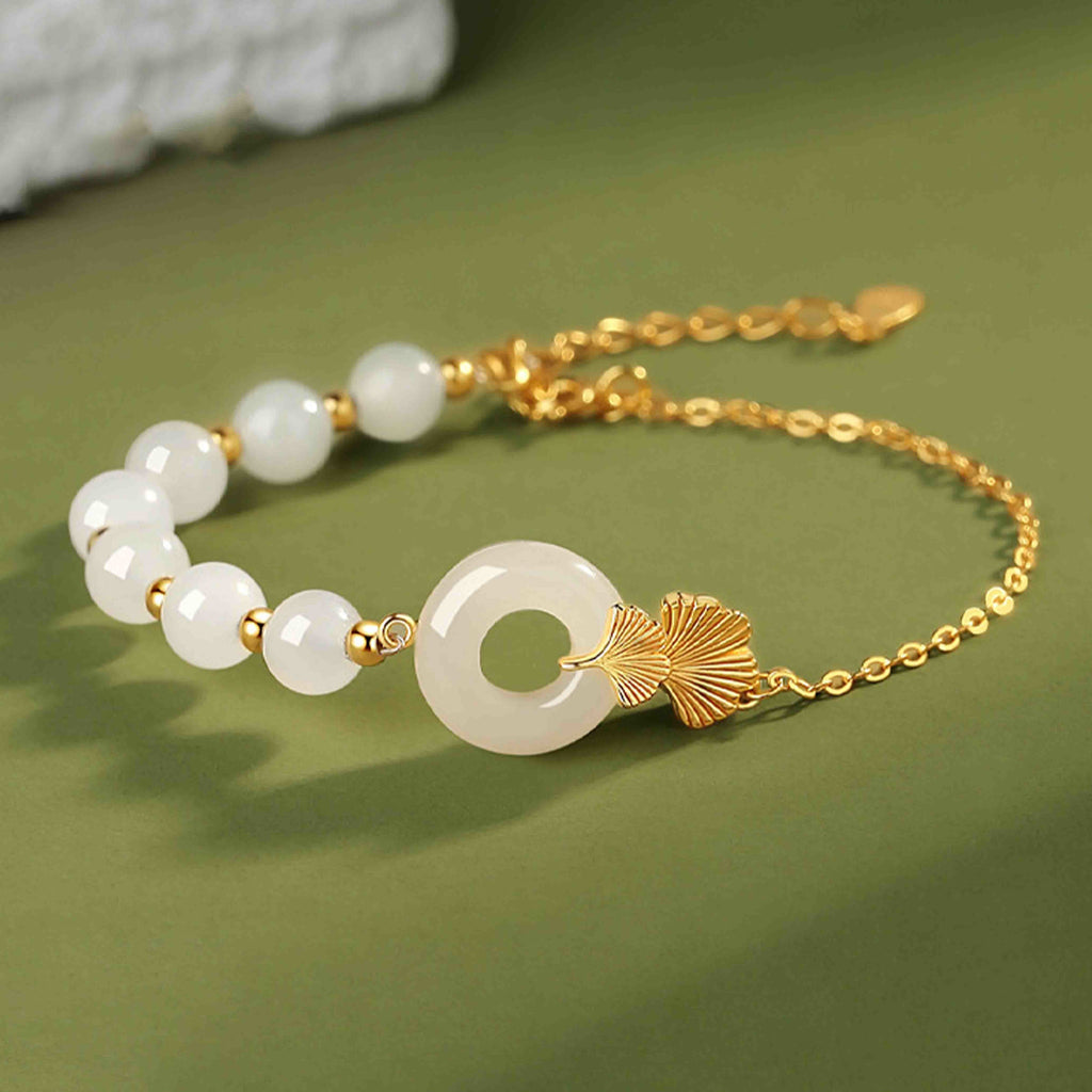 Fortune Jewel 925 Sterling Silver Hetian White Jade Peace Buckle Ginkgo Leaf Luck Bracelet